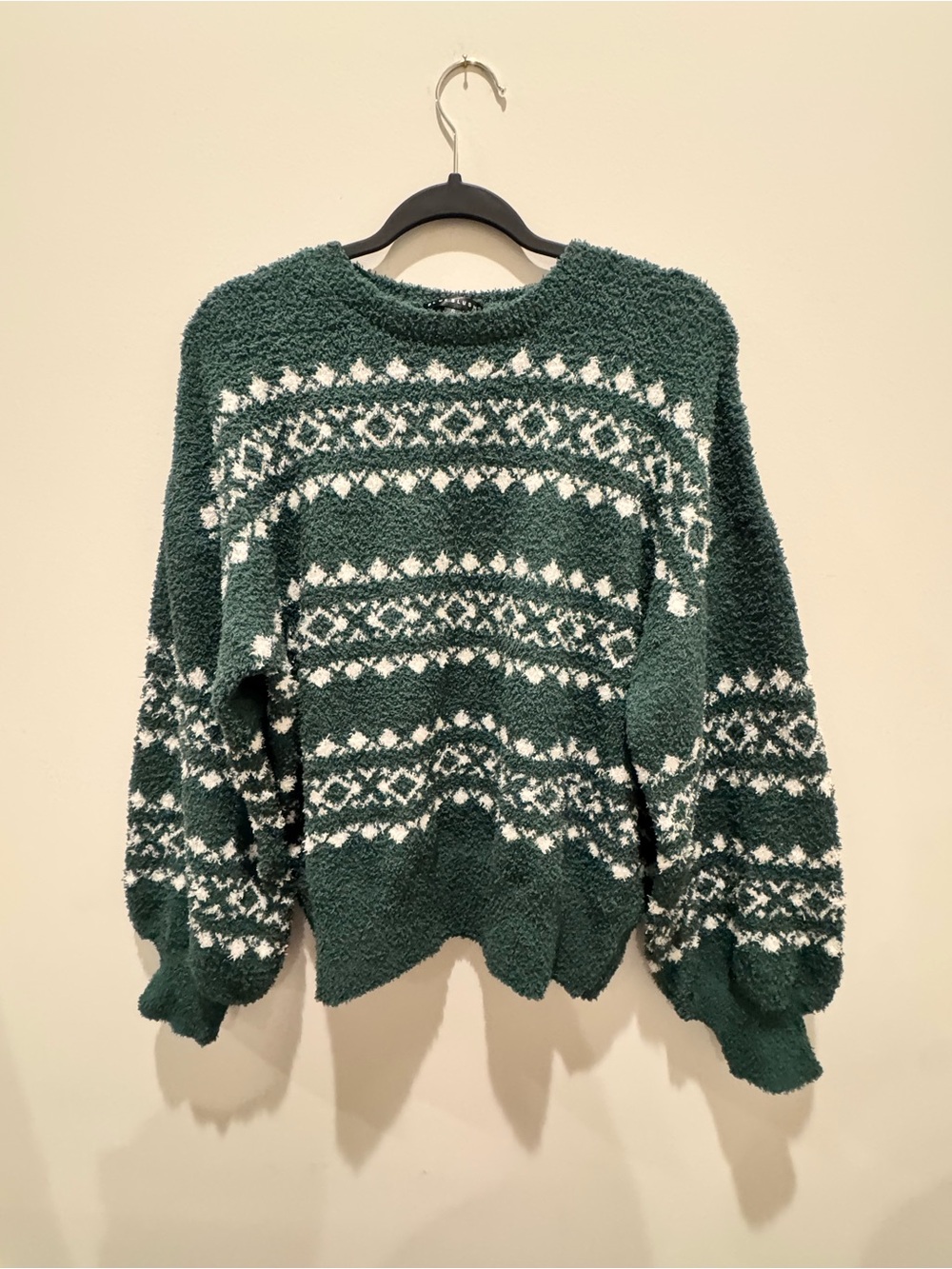 Blue Blush Forest Green & White Fair Isle Crewneck Sweater